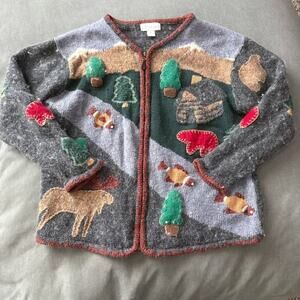 Northern Isles Moose Cabin Novelty Zip Cardigan Sweater Wool Blend Med Cabincore